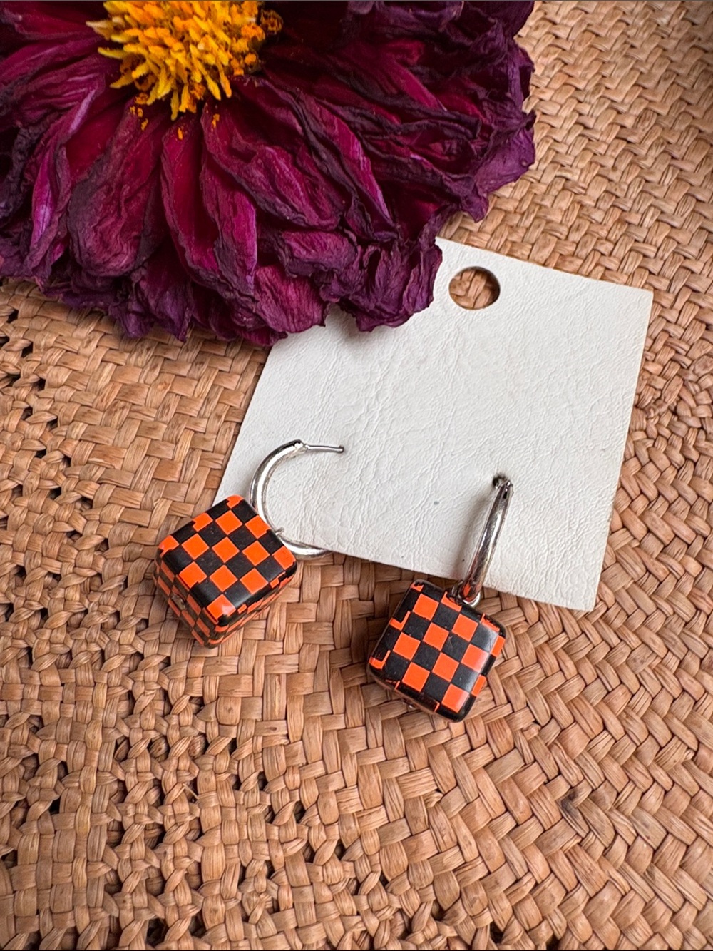 Free People Orange and Black Checkered Cube Hoop Earrings